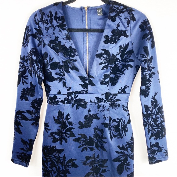 Blue & Black Velvet Flowers Deep V Neckline Dress - Picture 2 of 6